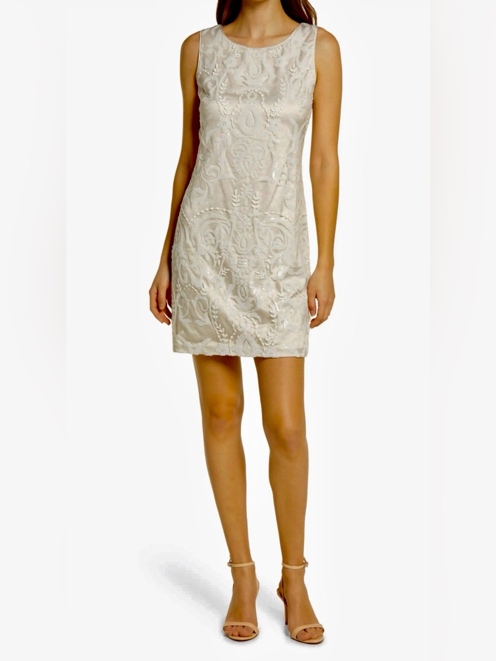 Vince Camuto Embroidered Sequin Shift Dress Floral Embroidery ivory-beige Sz 2